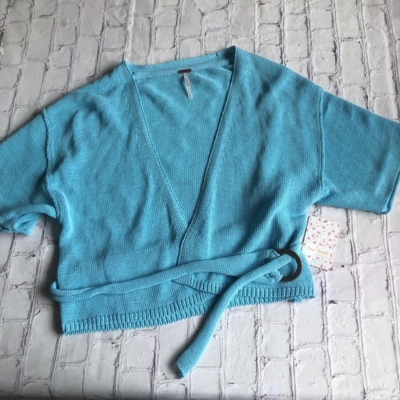 Free people Clear Day cropper belted wrap short sleeve cardigan Small NEW - Picture 2 of 8